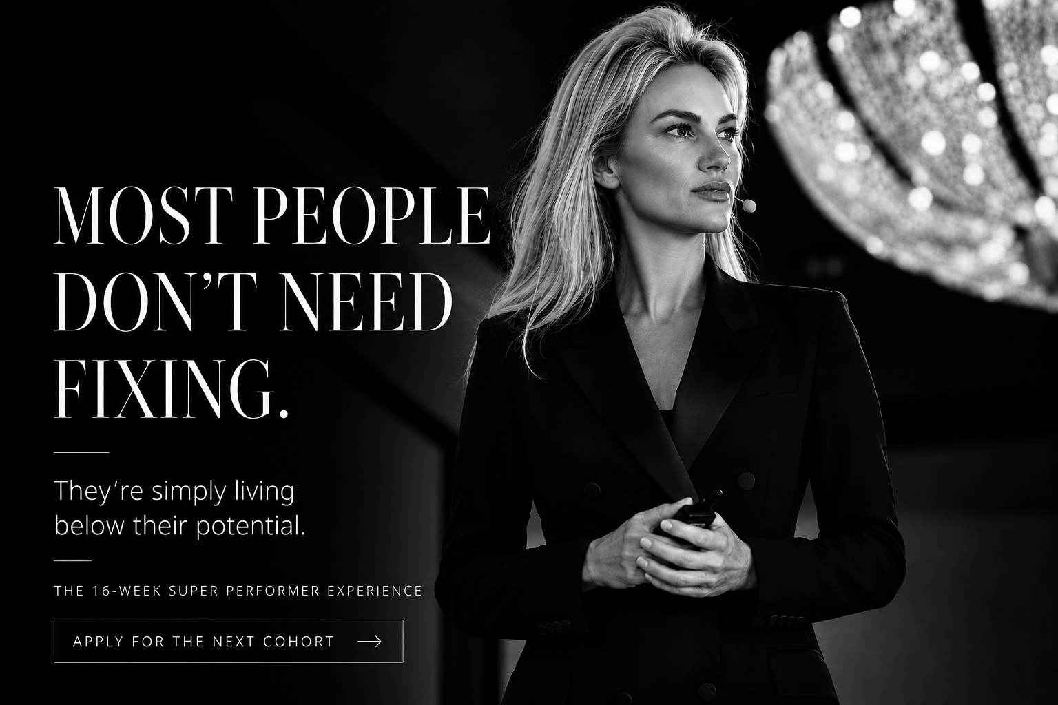 Homepage hero section graphic for Super Performer that has a header, a sub-headline, and a call-to-action button.